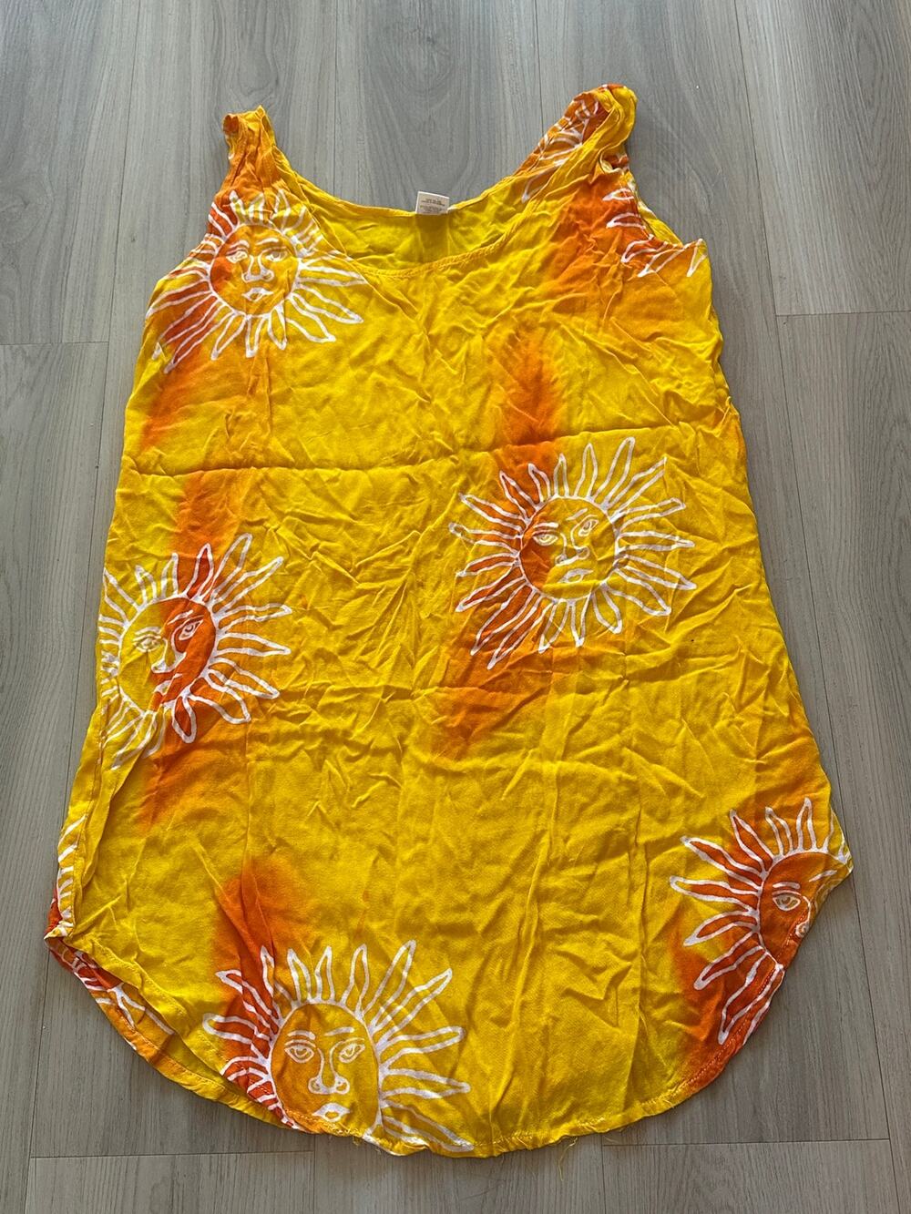 Rattan Vintage 90s Celestial Sun Print Dress Tank Rayon Yellow Orange Medium